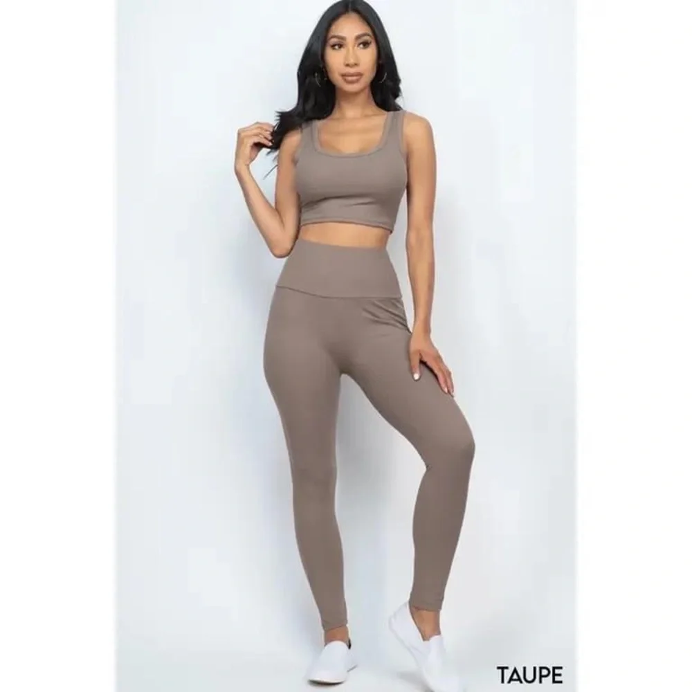 Ribbed Crop Sleeveless Top & Leggings Yoga Set - Taupe - S,M,L - Picture 1 of 1